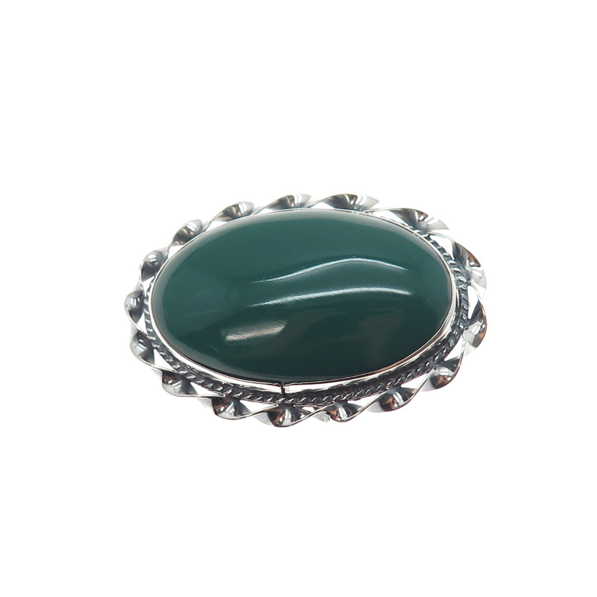 925 Sterling Silver Vintage Mexico Real Green Onyx Oxidized Pin Brooch / Pendant