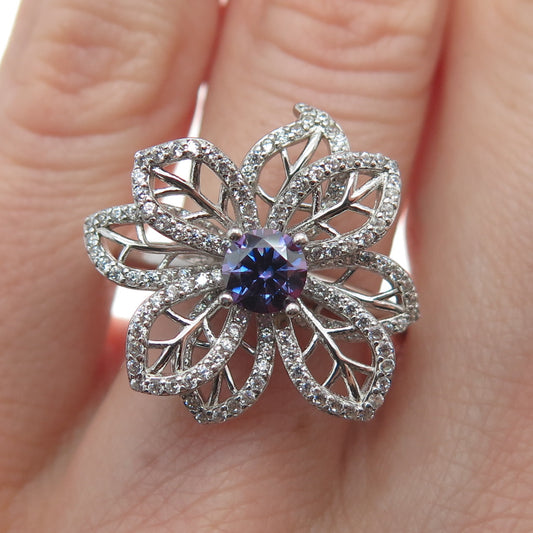 YSDD & CO. 925 Sterling Silver Peacock & White Moissanite Flower Ring Size 8.25