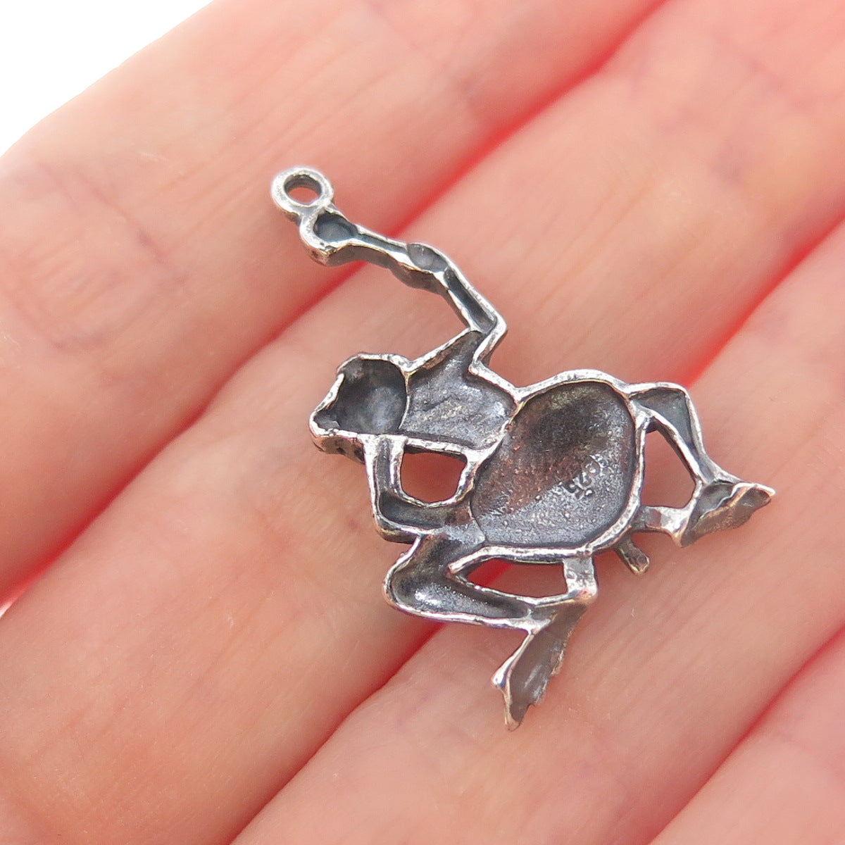 925 Sterling Silver Vintage Frog & Drum Oxidized Charm Pendant