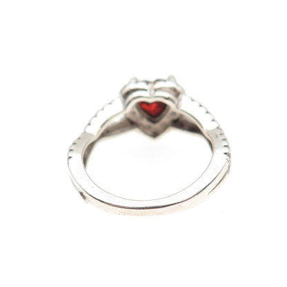 925 Sterling Silver Real Heart-Cut Red Garnet & Round-Cut C Z Ring Size 3.75