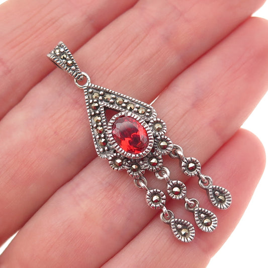 AF DESIGN 925 Sterling Silver Vintage Real Red Garnet & Marcasite Dangle Pendant