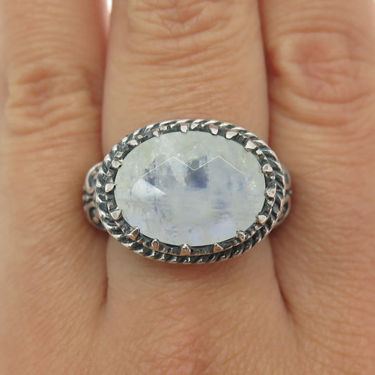 925 Sterling Silver Vintage Real Moonstone Crown Ornate Oxidized Ring Size 8