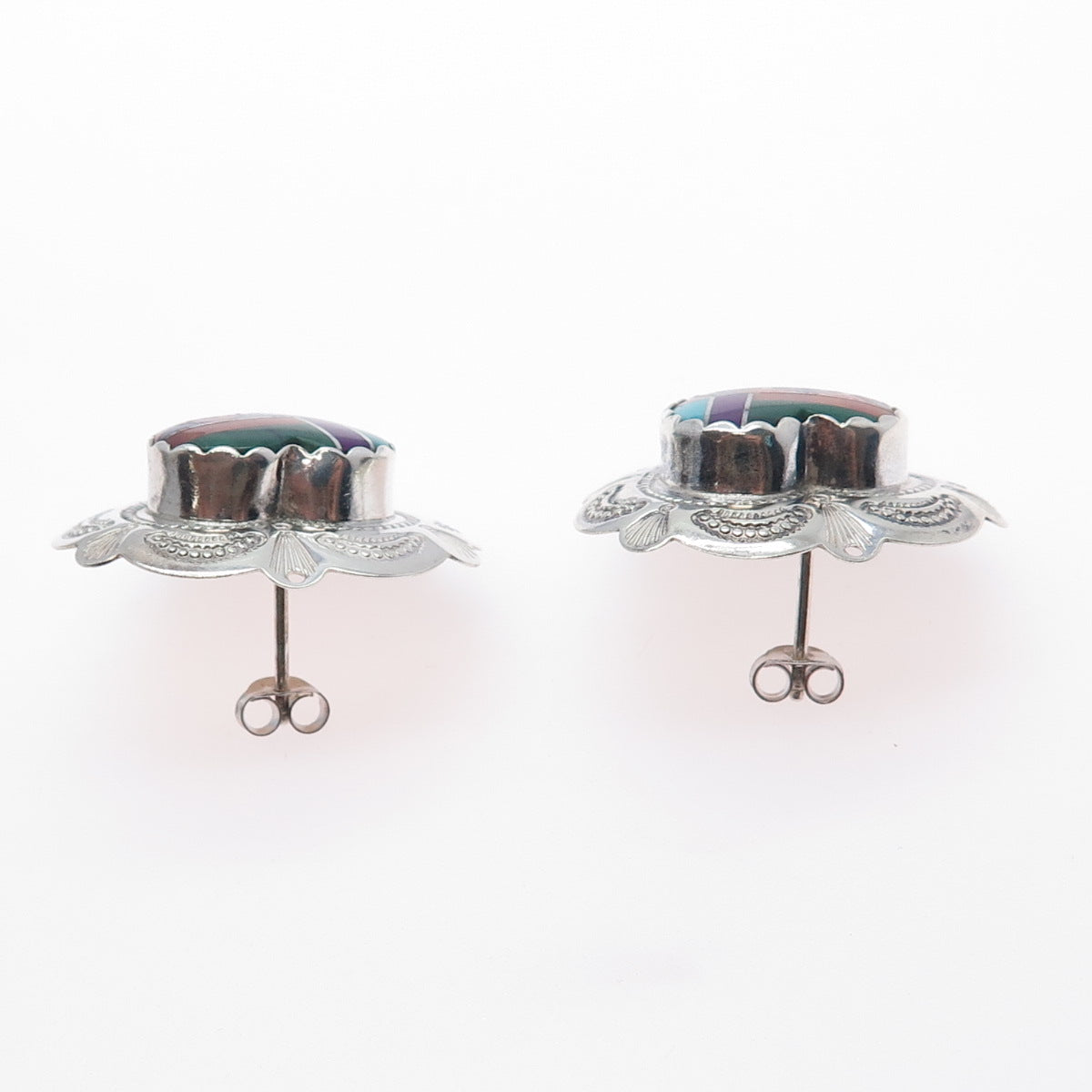 Old Pawn Sterling Silver Turquoise Coral Lapis Sugilite Malachite Heart Earrings