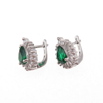 925 Sterling Silver Green & White C Z Teardrop Earrings