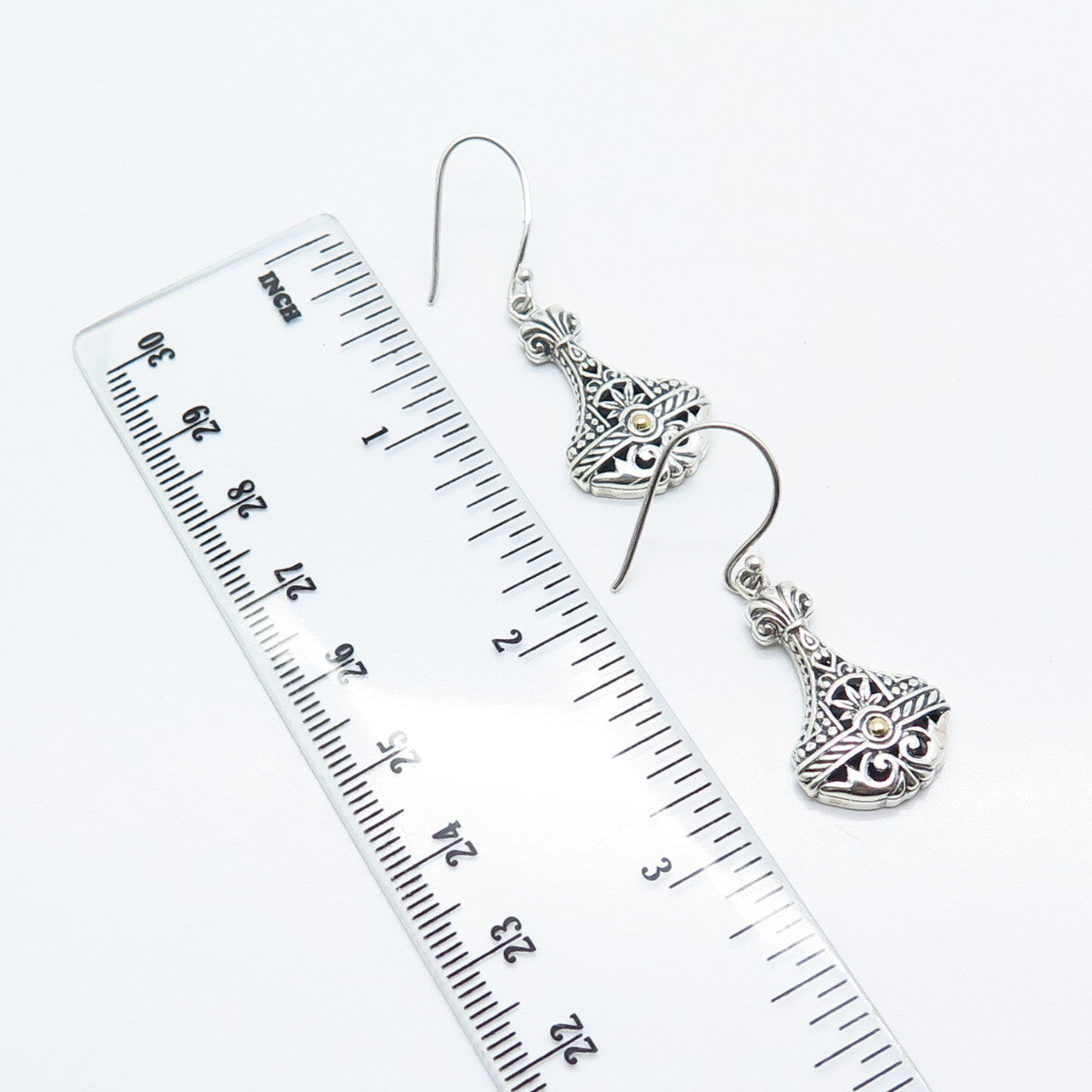 925 Sterling Silver / 18K Gold Ornate Dangling Hook Earrings
