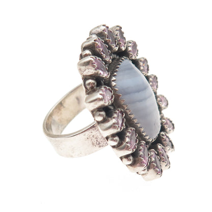 925 Sterling Silver Vintage Real Lace Agate & Pink C Z Adjustable Ring Size 8.75