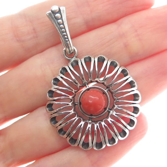 835 Silver Vintage Real Coral Floral Oxidized Pendant