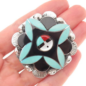 Yolanda Laate Zuni Old Pawn Sterling Vintage Multi-Gem God Pin Brooch / Pendant