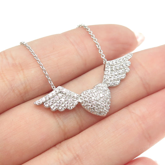 925 Sterling Silver Pave C Z Heart w/Wings Cable Chain Necklace 18-20"