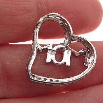 925 Sterling Silver Real Round-Cut Diamond Mom Heart Mini Slide Charm Pendant