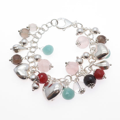 925 Sterling Silver Vintage Italy Multi-Quartz & Aquamarine Heart Bracelet 7.5"