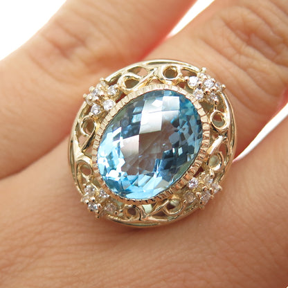 925 Sterling Silver Gold Plated Real Blue Topaz & C Z Ring Size 6.25