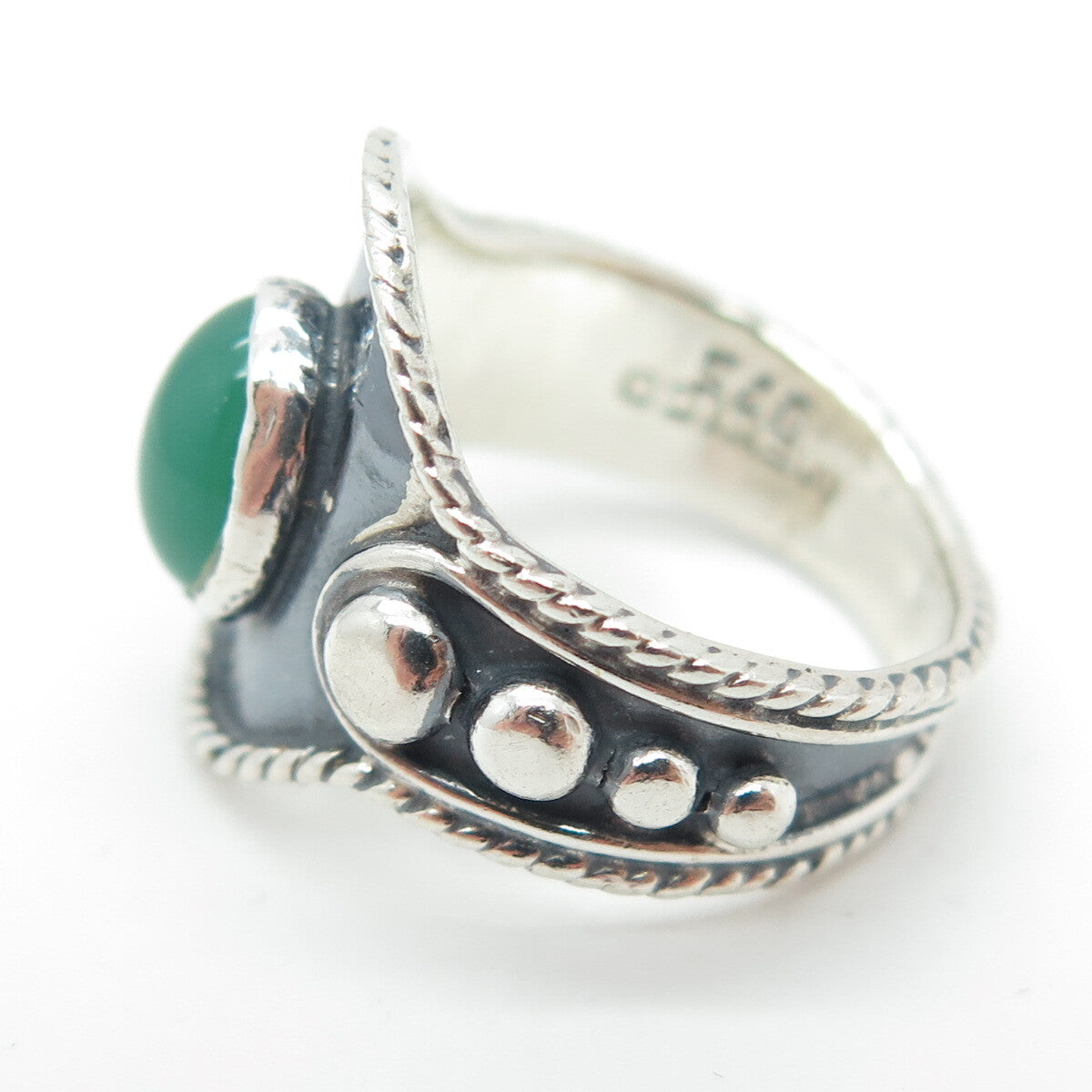 925 Sterling Silver Vintage Mexico Real Green Chalcedony Beaded Ring Size 5.25