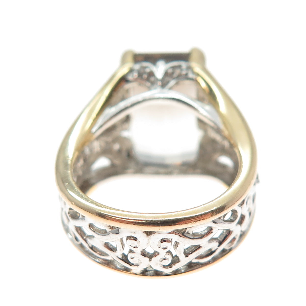 925 Sterling Silver 2-Tone Real Emerald-Cut Smoky Quartz White Topaz Ring Size 5