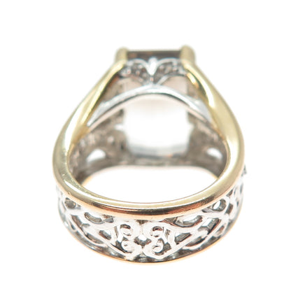 925 Sterling Silver 2-Tone Real Emerald-Cut Smoky Quartz White Topaz Ring Size 5