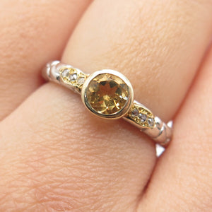 925 Sterling Silver 2-Tone Real Diamond & Citrine Dragon Skin Ring Size 6.75