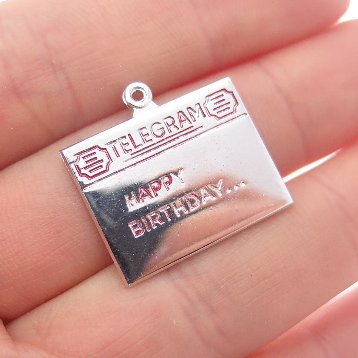 GRIFFITH & SONS Sterling Silver Vintage Enamel Happy Birthday Telegram Pendant