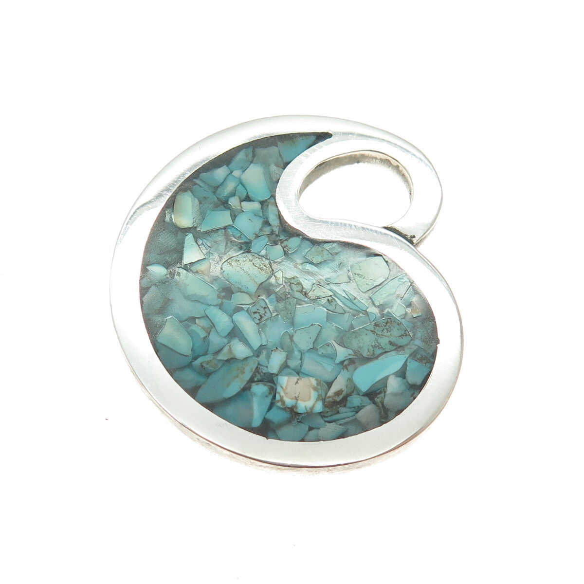 925 Sterling Silver Vintage Real Turquoise Inlay Modernist Teardrop Pendant
