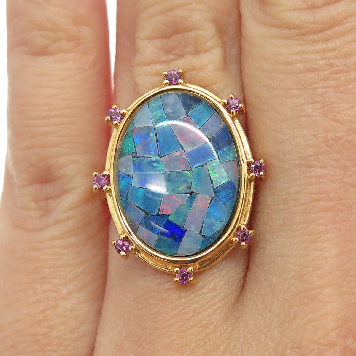 925 Sterling Silver Gold Plated Real Opal Inlay & Amethyst Ring Size 6