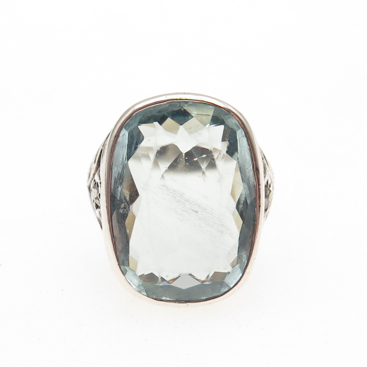 925 Sterling Antique Art Deco Real Diamond & Aquamarine Oxidized Ring Size 6.5