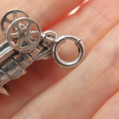 925 Sterling Vintage Carriage Car Spring Ring Lock Oxidized Movable 3D Pendant