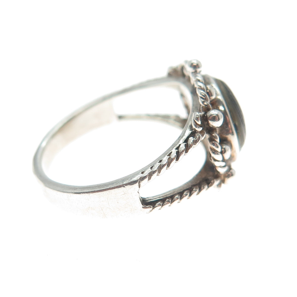 925 Sterling Silver Vintage Real Abalone Shell Modernist Beaded Ring Size 5.25