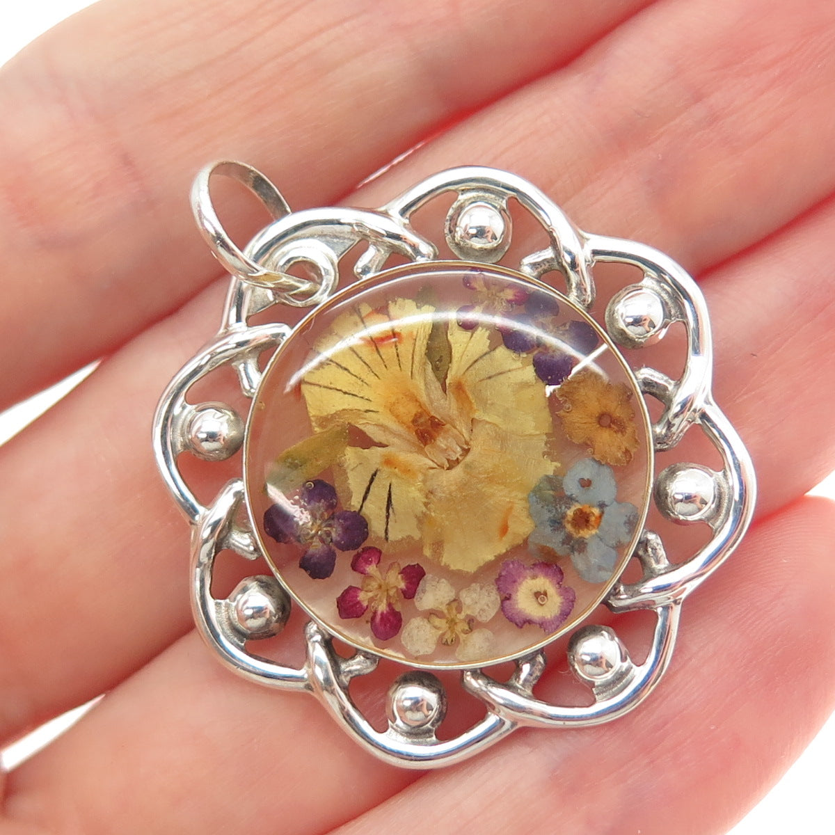MWS Mark Wasserman Samara Sterling Silver Vintage Mexico Pressed Flower Pendant