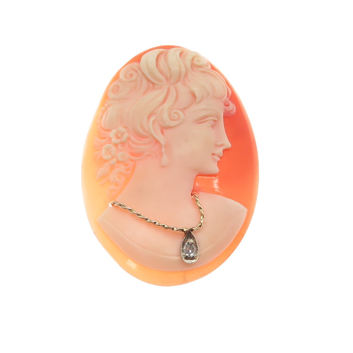 14K Gold Antique Real Round-Cut Diamond & MOP Victorian Lady Cameo