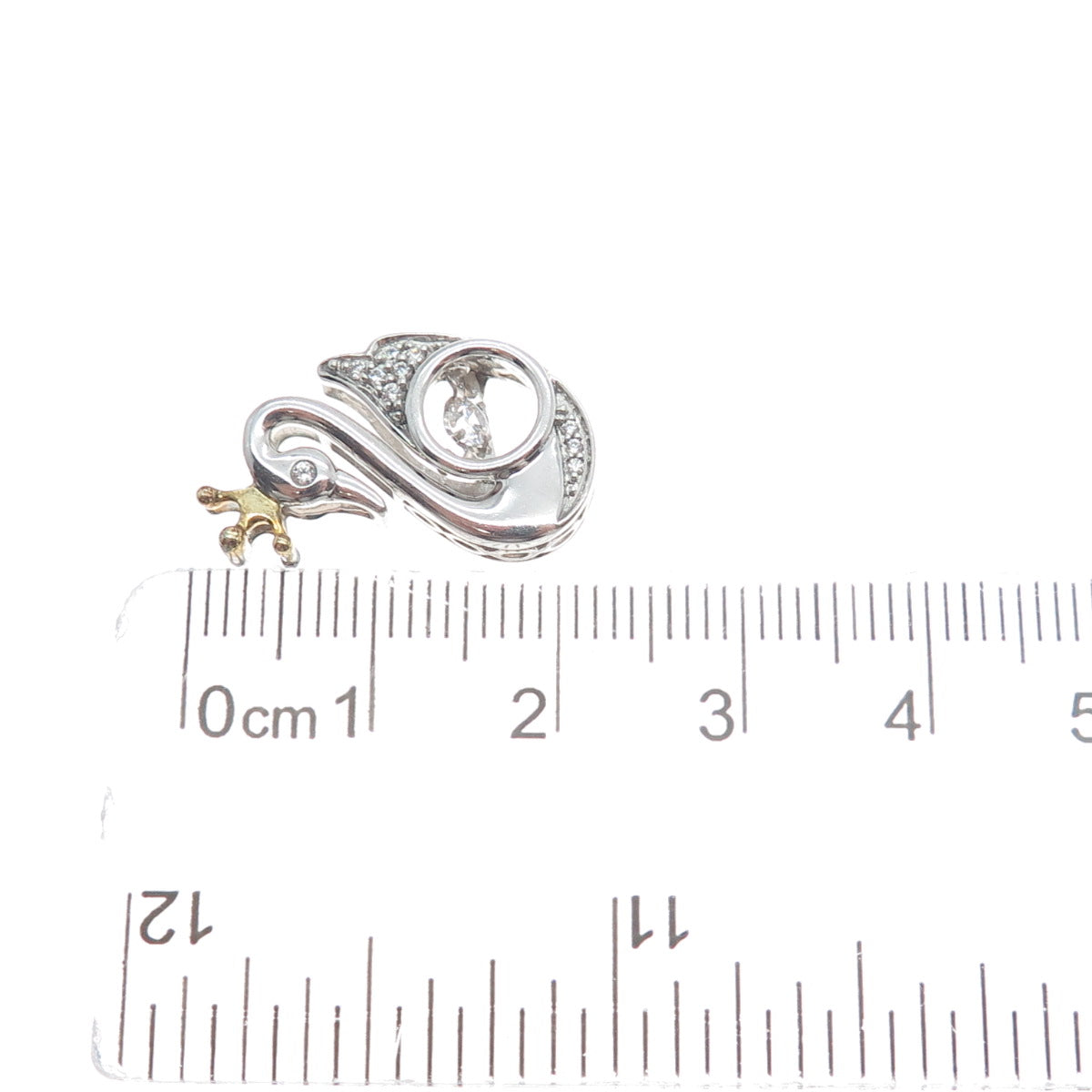 925 Sterling Silver 2-Tone Round-Cut Shaped C Z Swan w/Crown Slide Pendant