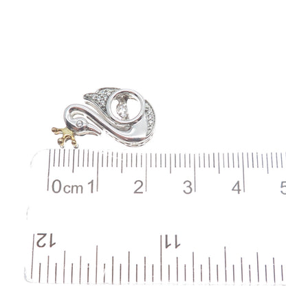 925 Sterling Silver 2-Tone Round-Cut Shaped C Z Swan w/Crown Slide Pendant