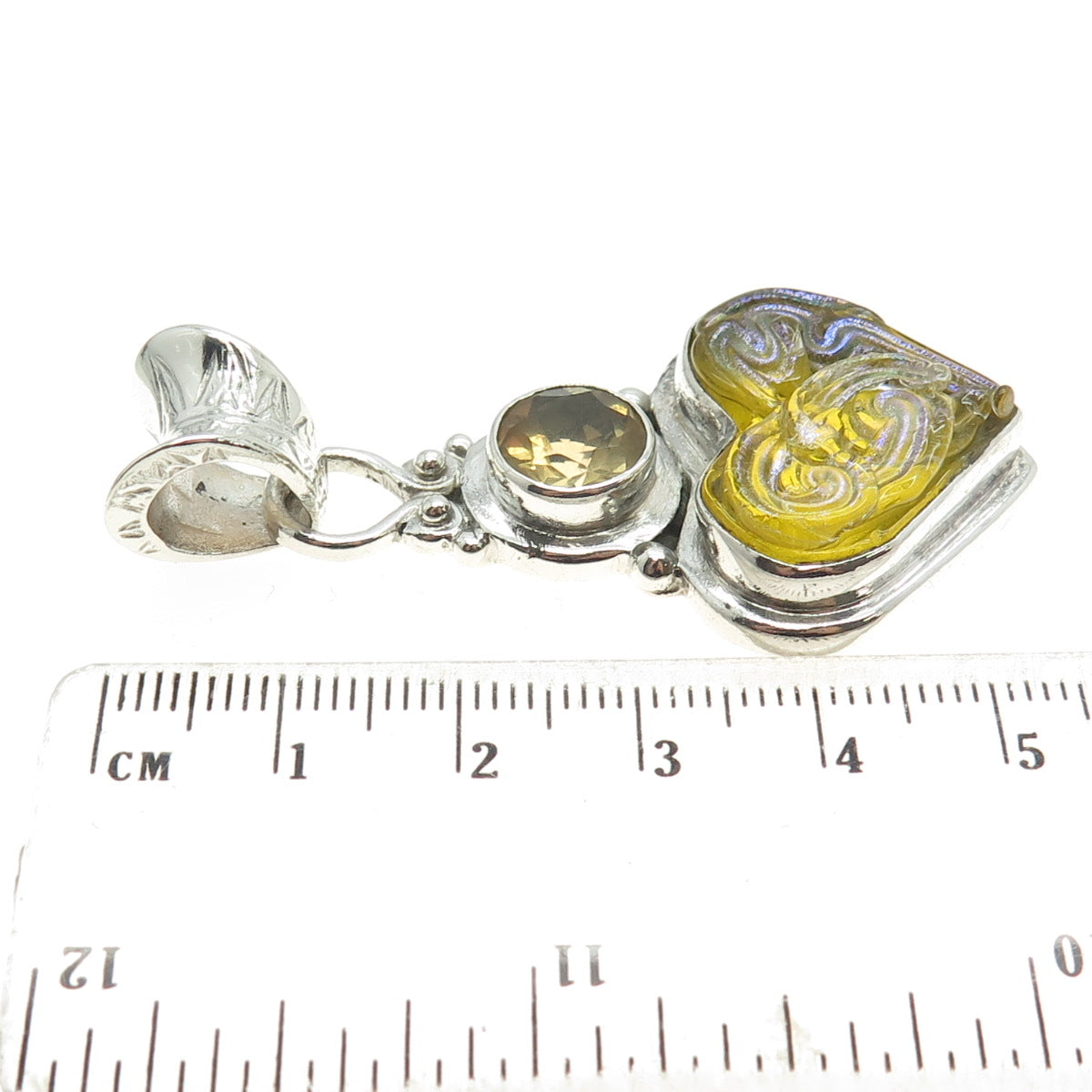 925 Sterling Silver Vintage Real Citrine Gemstone & Carved Glass Heart Pendant