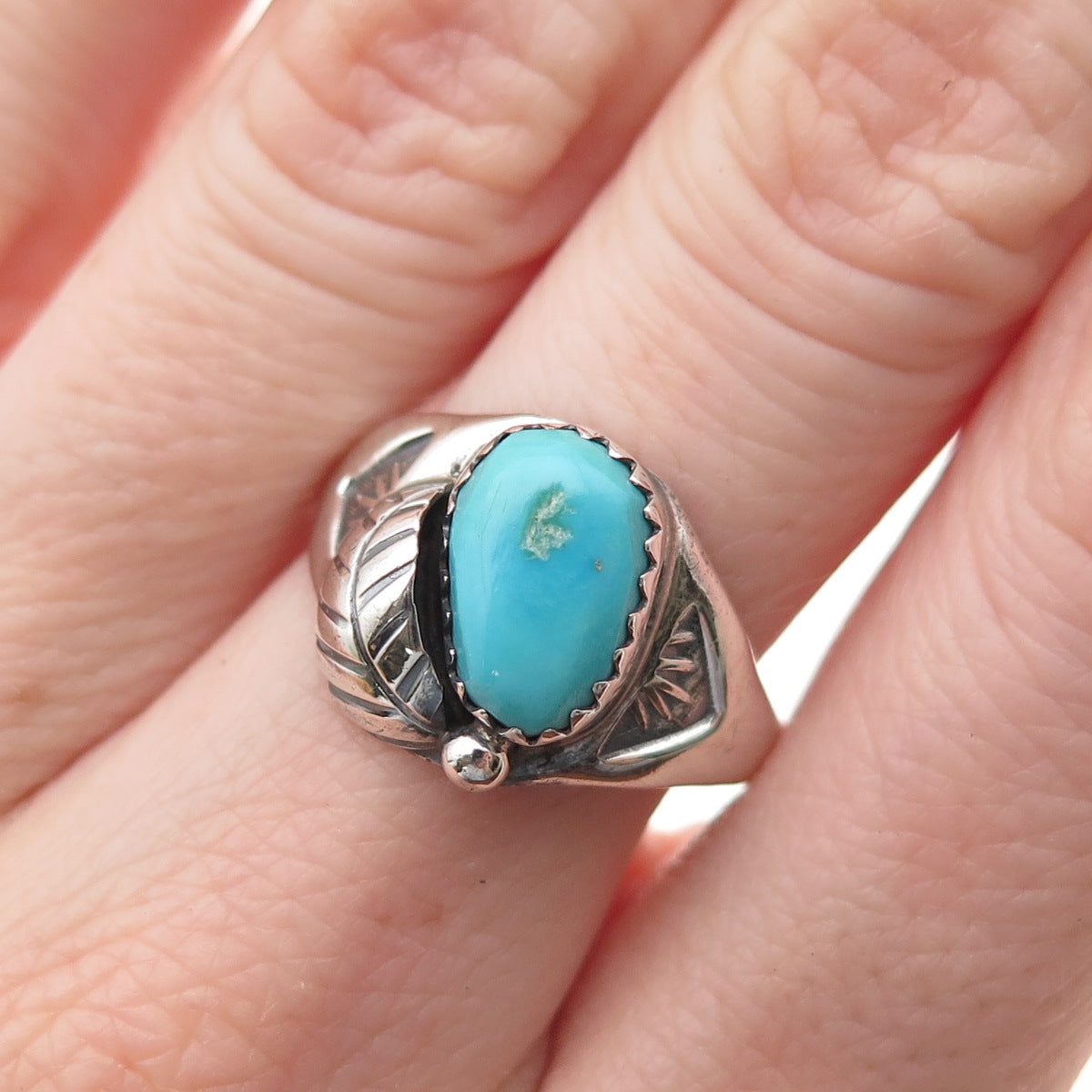 Old Pawn Sterling Silver Vintage Southwestern Turquoise Feather Ring Size 7.75