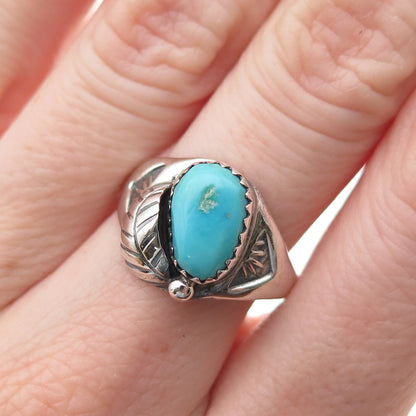 Old Pawn Sterling Silver Vintage Southwestern Turquoise Feather Ring Size 7.75