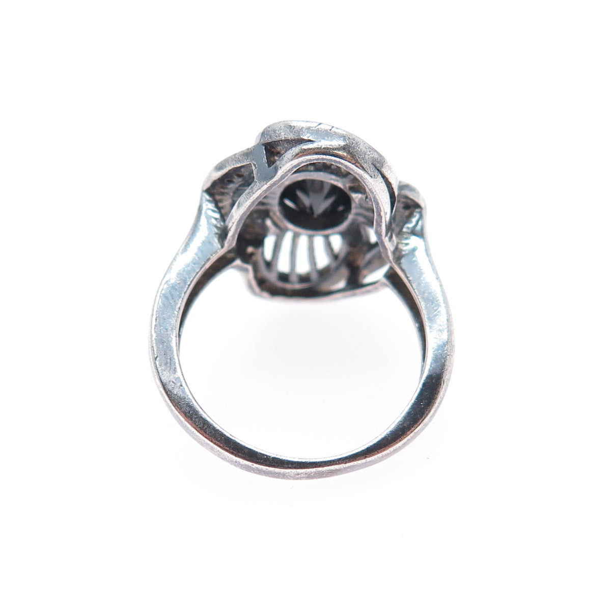 925 Sterling Silver Vintage Real Black Spinel & C Z Flower Oxidized Ring Size 6