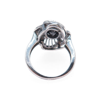 925 Sterling Silver Vintage Real Black Spinel & C Z Flower Oxidized Ring Size 6