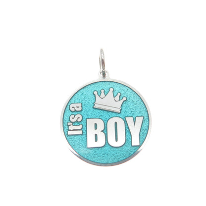 925 Sterling Silver Turquoise Enamel It's A Boy Crown Minimalist Charm Pendant