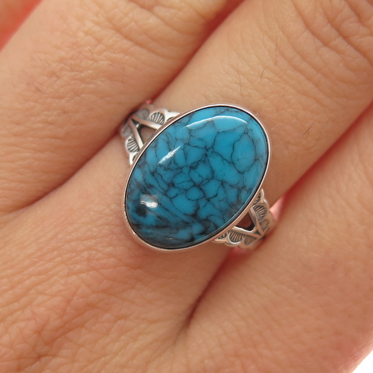 PACIFIC JEWELRY Old Pawn 925 Sterling Vintage Peacock Turquoise Ring Size 7.25
