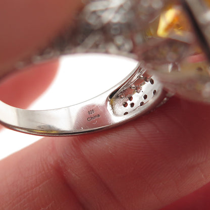 925 Sterling Silver Round-Cut Canary & White C Z Ring Size 7