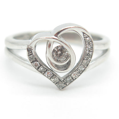 925 Sterling Silver Real Round-Cut Diamond Open Heart Love Ring Size 6.75