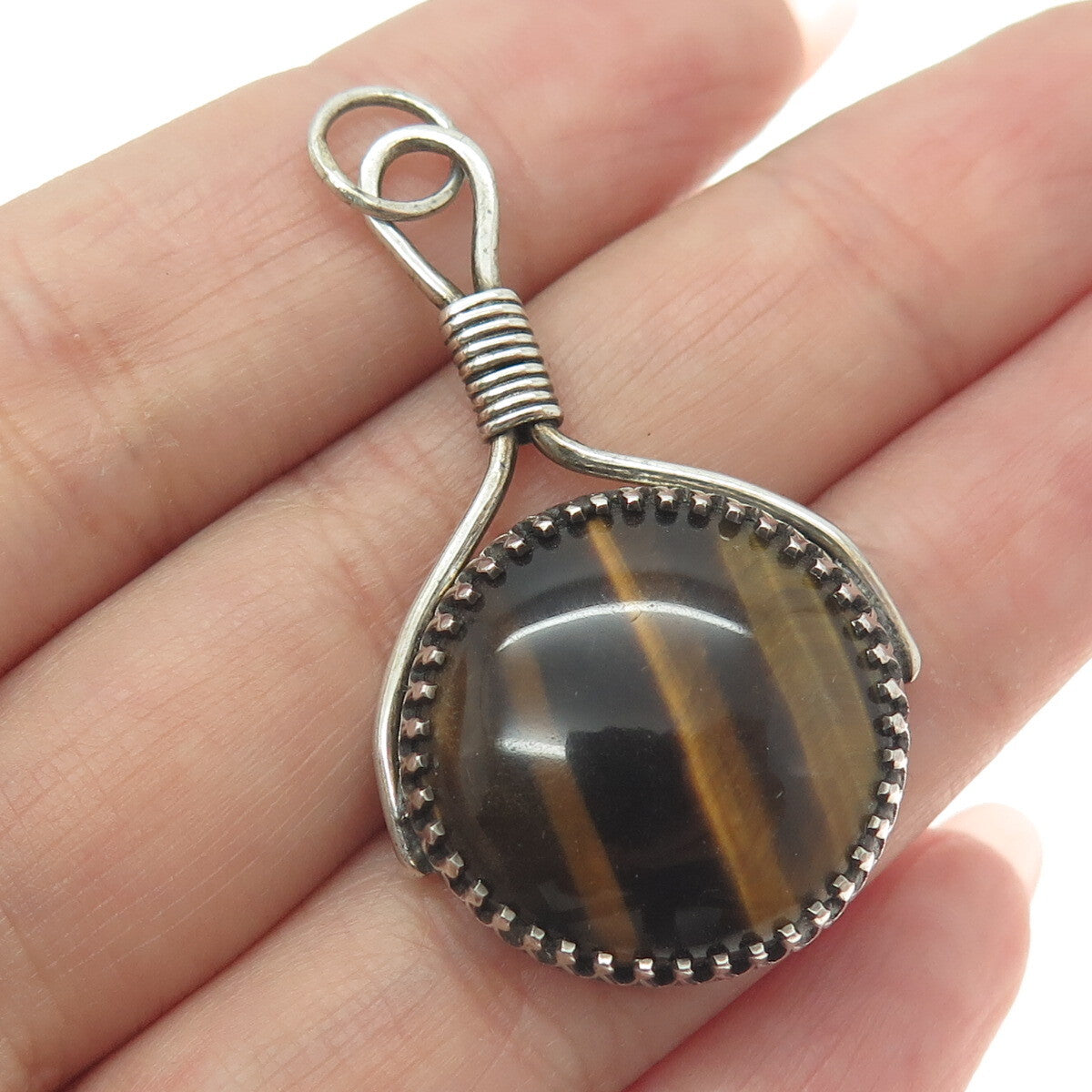 925 Sterling Silver Vintage Real Cabochon Tiger Eye Modernist Pendant