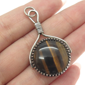 925 Sterling Silver Vintage Real Cabochon Tiger Eye Modernist Pendant