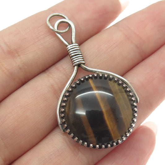 925 Sterling Silver Vintage Real Cabochon Tiger Eye Modernist Pendant