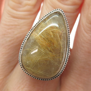 925 Sterling Silver Vintage Real Rutilated Quartz Spiral Oxidized Ring Size 10