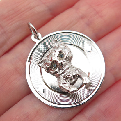 925 Sterling Silver Vintage Blue Rhinestone Kitty Cat Charm Pendant