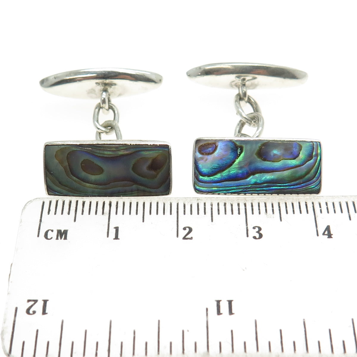 925 Sterling Silver Antique Art Deco Real Abalone Shell Chain Cufflinks