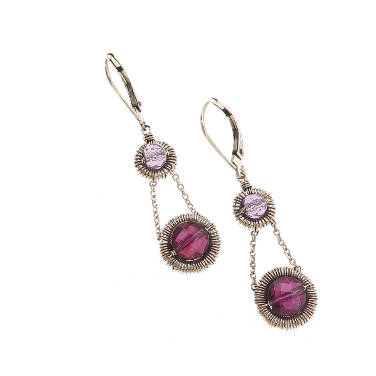 Atelier 925 Sterling Silver Vintage Real Rhodolite & Amethyst Dangle Earrings