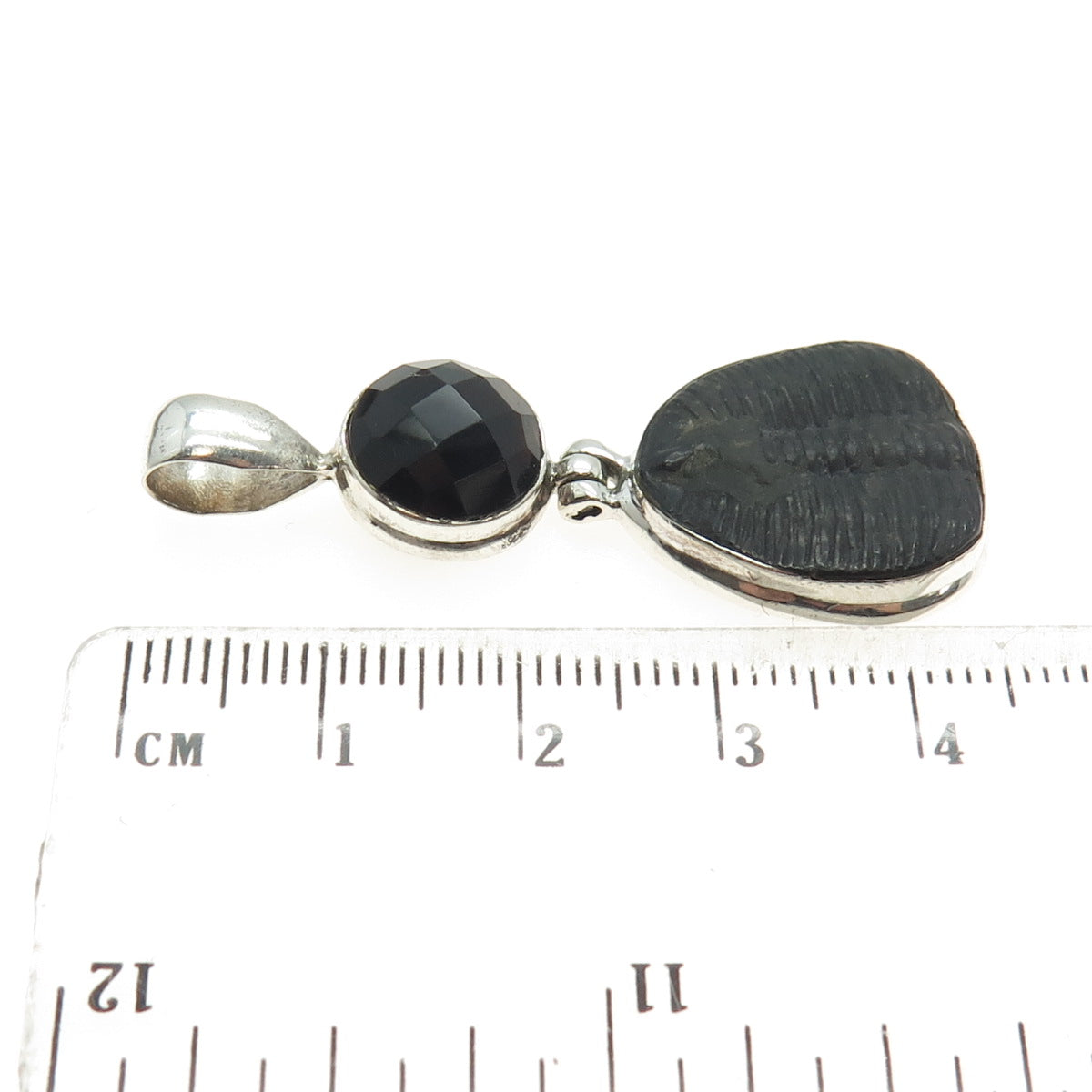 925 Sterling Silver Real Trilobite Fossil & Black Spinel Gem Amulet Pendant