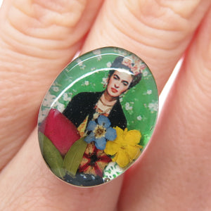 925 Sterling Silver Vintage Enamel Frida Kahlo Pressed Flowers Ring Size 6.75
