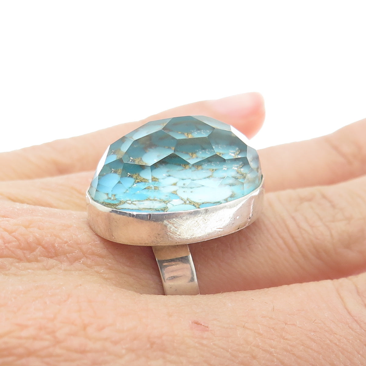 925 Sterling Silver Vintage Real Doublet Turquoise Adjustable Ring Size 7.75