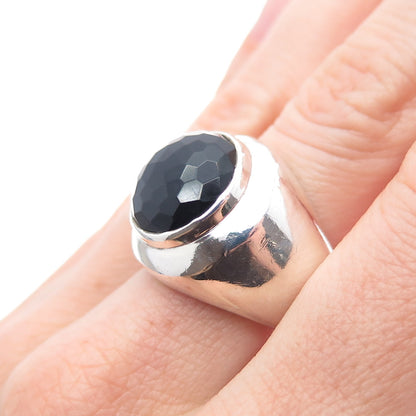 925 Sterling Silver Vintage Real Black Onyx Modernist Ring Size 8.75